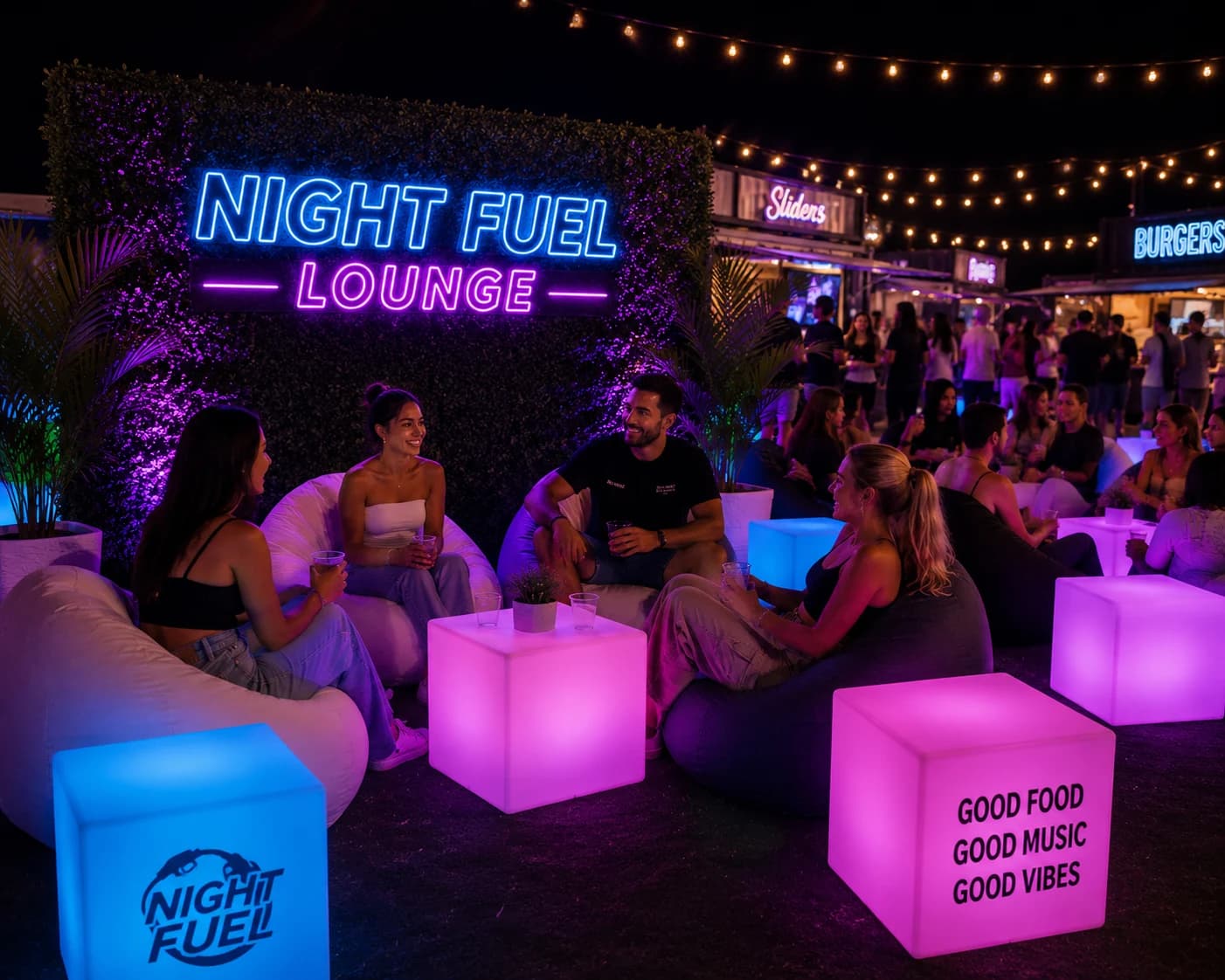 Night Fuel lounge concept, with food stalls and seating under festoon lights